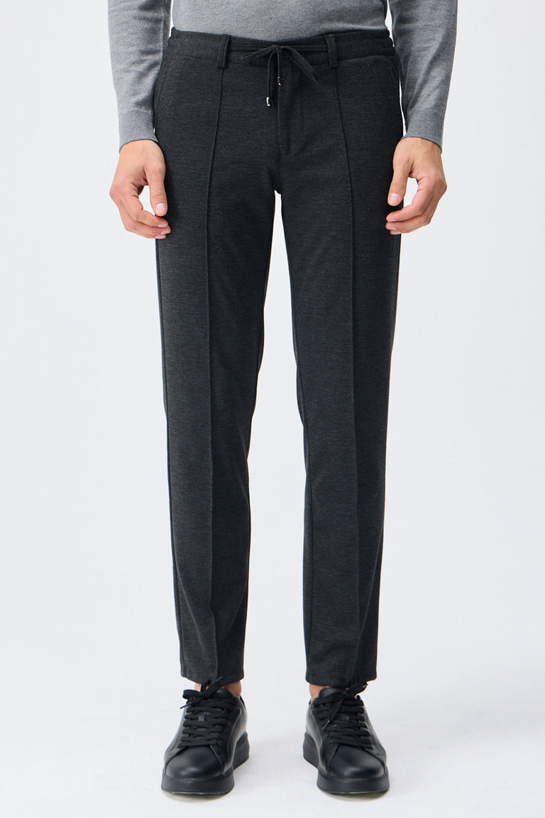 Pantaloni bărbătești gri taupe, cu șnur, croială conică, eleganți, croială croită