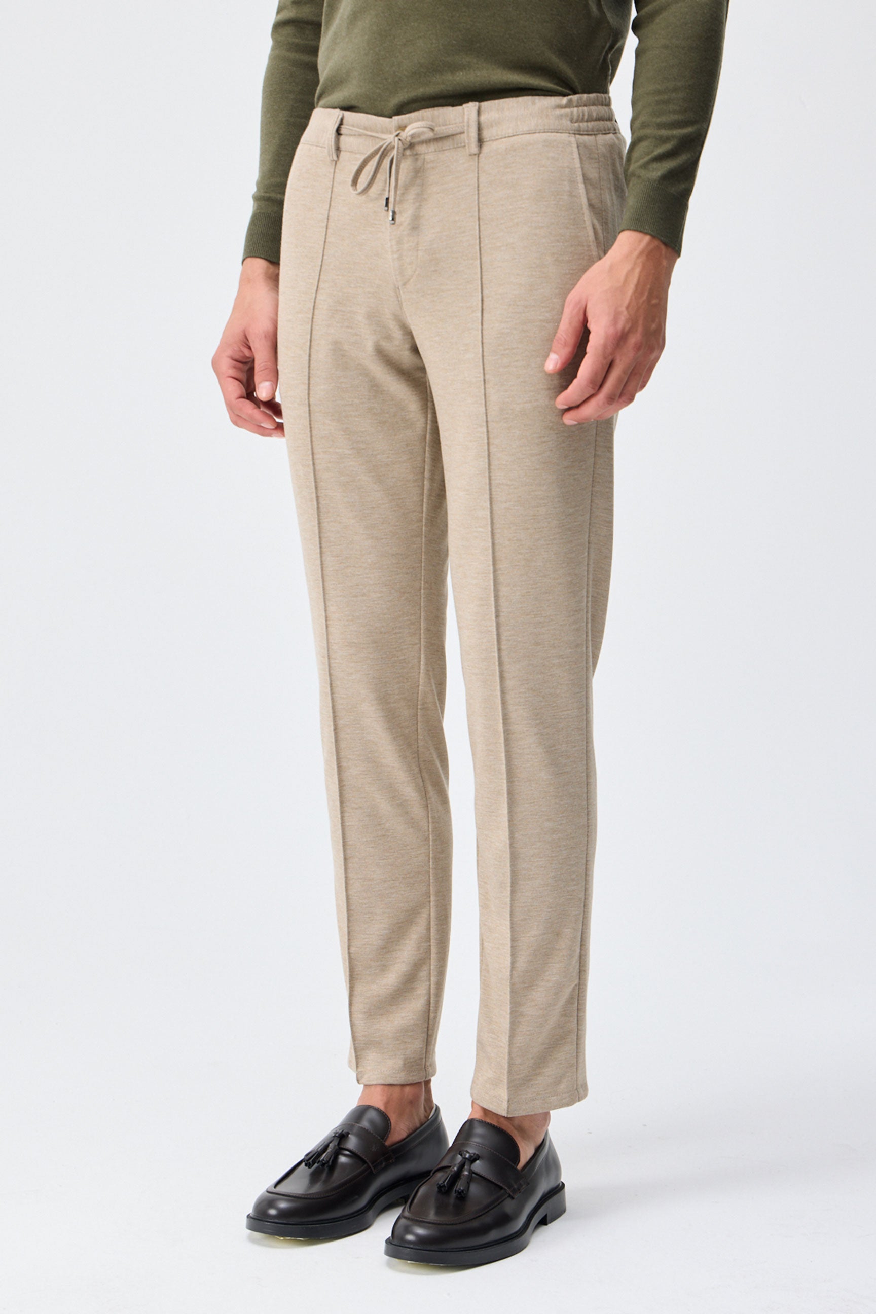 Pantaloni bărbătești bej, gri taupe, cu șiret, croială conică, eleganți