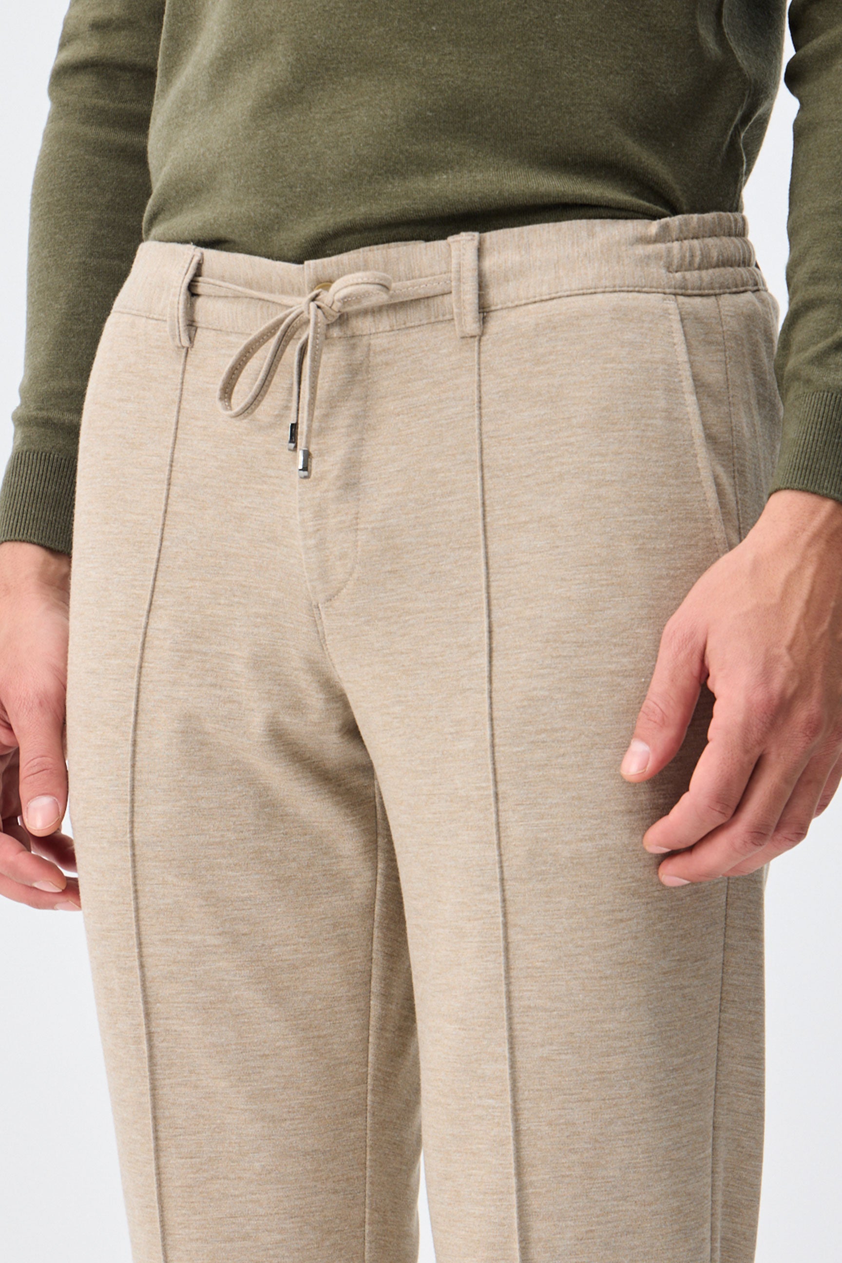 Pantaloni bărbătești bej, gri taupe, cu șiret, croială conică, eleganți