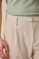 Pantaloni bărbătești bej, plisați, Gurkha, cu talie reglabilă, croială conică