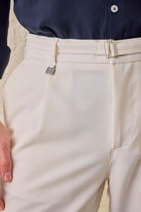 Pantaloni Gurkha plisați crem pentru bărbați, talie reglabilă, croială conică, croită la comandă