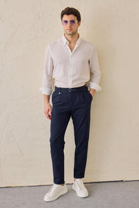 Pantaloni Gurkha plisați bleumarin pentru bărbați, talie reglabilă, croială conică, croită la comandă