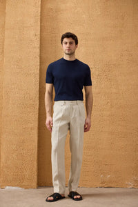 Costum bărbătesc bej din in, elegant, casual, din două piese, stil safari, de vară