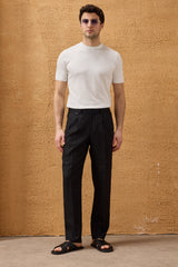 Costum bărbătesc negru din in, elegant, casual, din două piese, stil safari, de vară