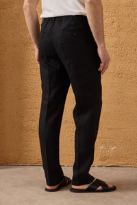 Costum bărbătesc negru din in, elegant, casual, din două piese, stil safari, de vară