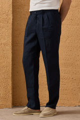 Costum bărbătesc bleumarin, din in, elegant, casual, din două piese, stil safari, de vară