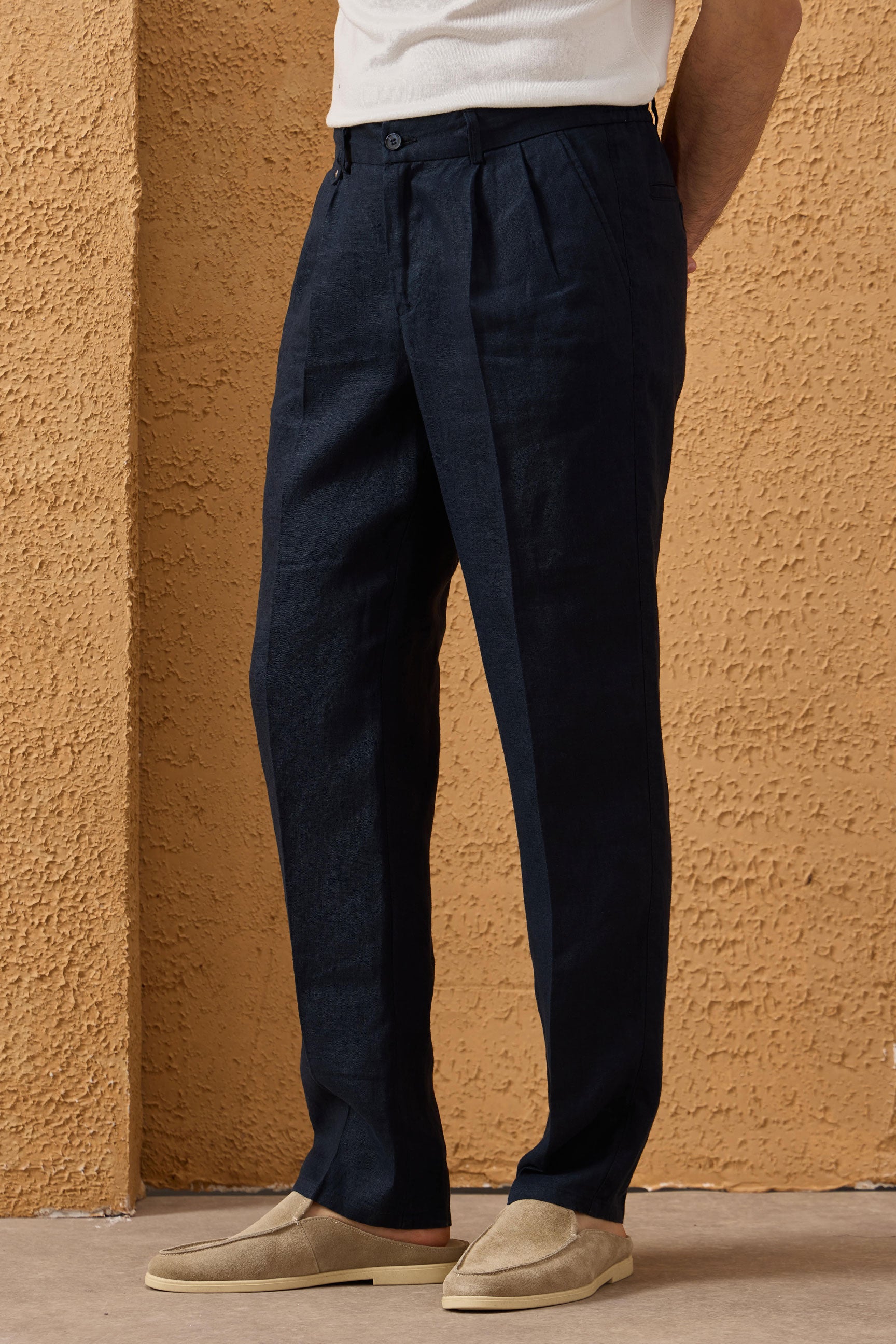 Costum bărbătesc bleumarin, din in, elegant, casual, din două piese, stil safari, de vară