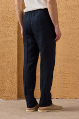 Costum bărbătesc bleumarin, din in, elegant, casual, din două piese, stil safari, de vară