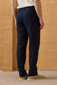 Costum bărbătesc bleumarin, din in, elegant, casual, din două piese, stil safari, de vară