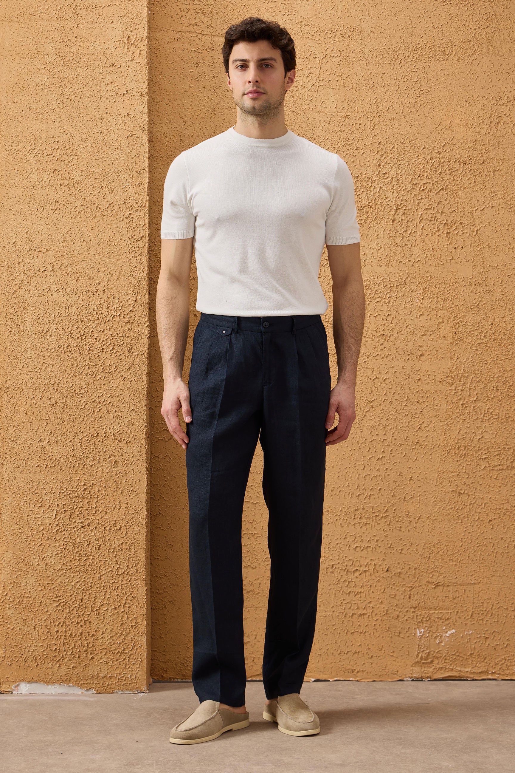 Costum bărbătesc bleumarin, din in, elegant, casual, din două piese, stil safari, de vară