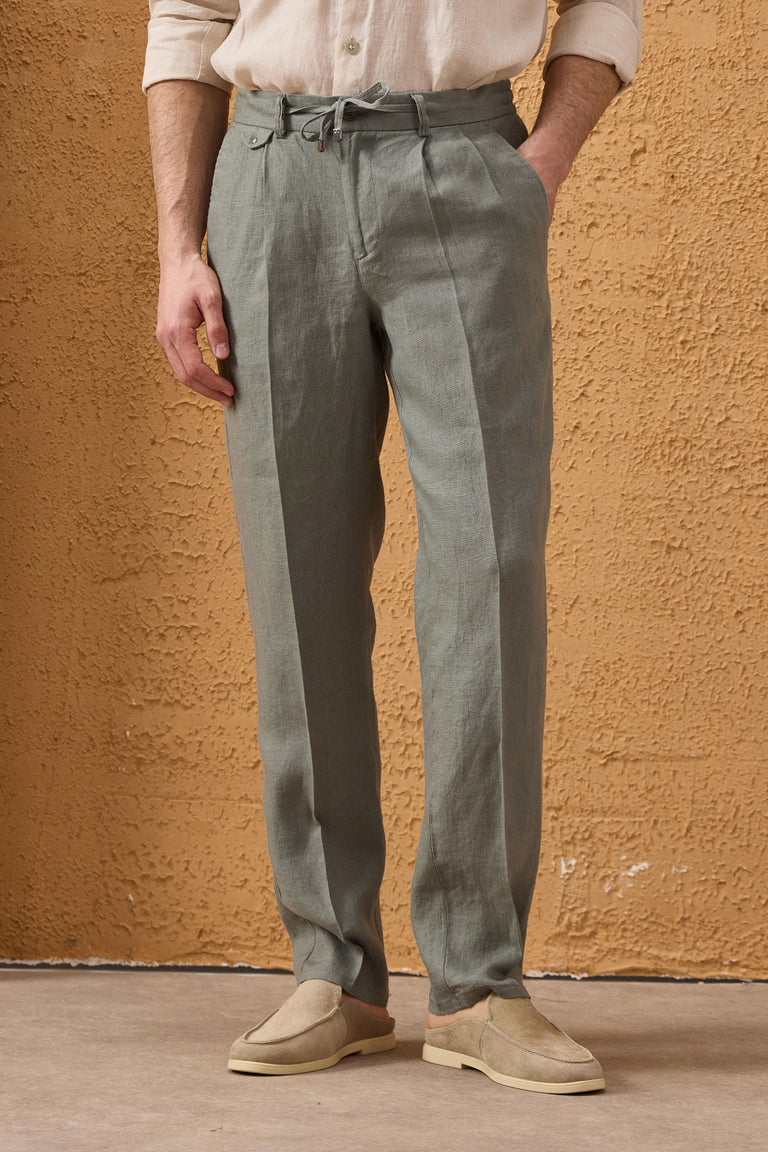 Pantaloni bărbătești, verde salvie, 100% in, plisați, cu șnur, croială dreaptă, relaxați