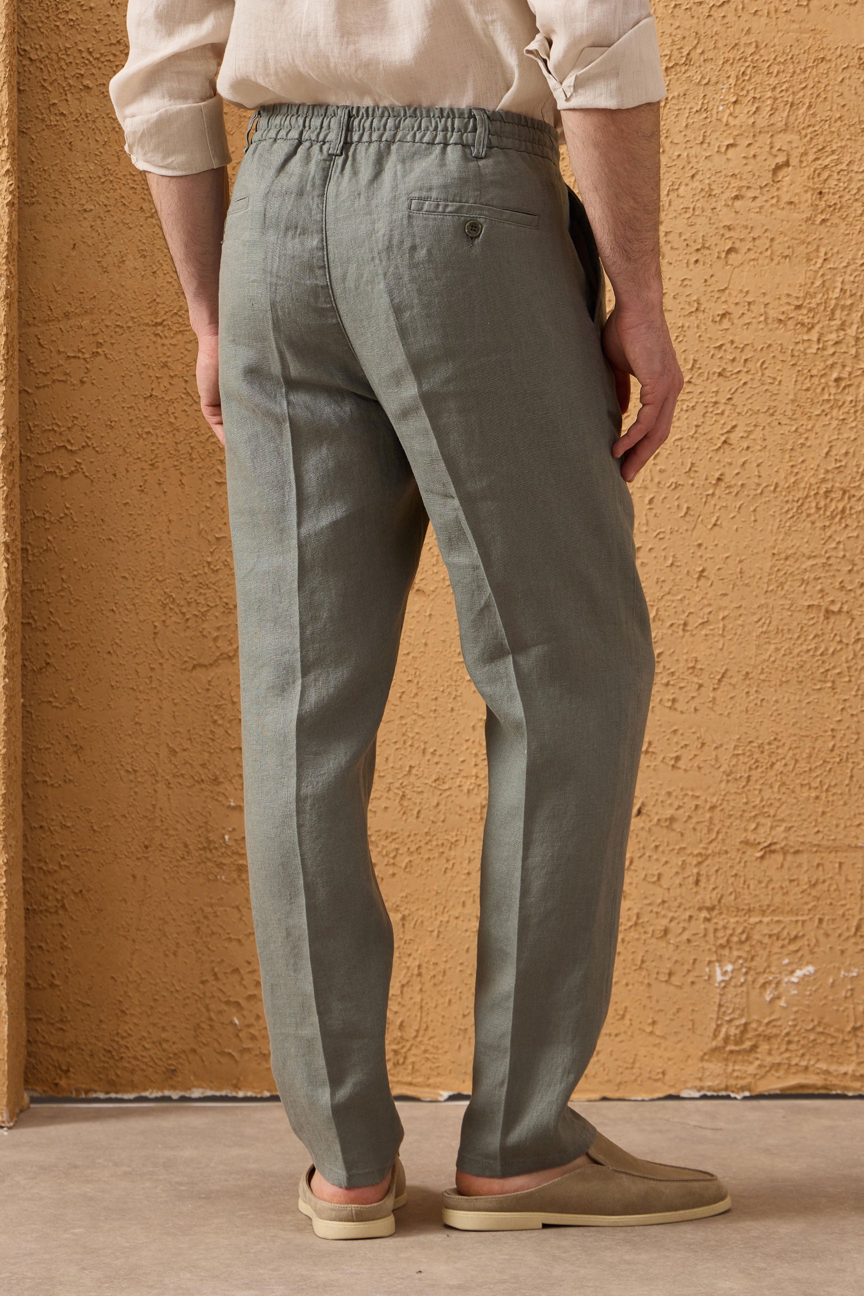 Costum bărbătesc din două piese, verde salvie, din in, stil safari, elegant, stil vară