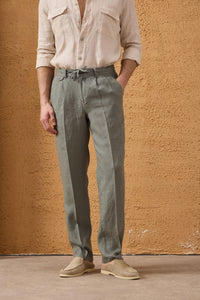 Costum bărbătesc din două piese, verde salvie, din in, stil safari, elegant, stil vară