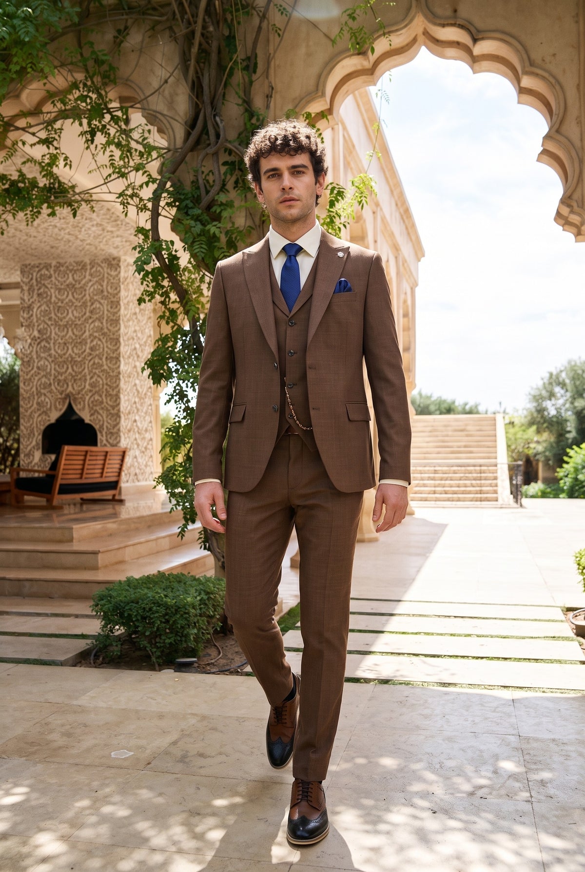 Look #328 styled with Costum bărbătesc James, format din 3 piese, simplu, maro, cu croială clasică