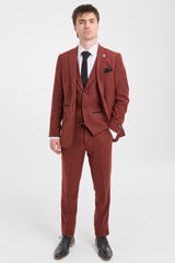 Costum din 3 piese din tweed cu model herringbone ruginiu