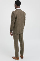 Costum din 3 piese din tweed cu model herringbone maro-stejar