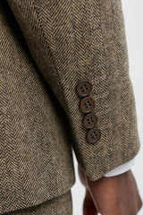 Costum din 3 piese din tweed cu model herringbone maro-stejar