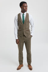 Costum din 3 piese din tweed cu model herringbone maro-stejar