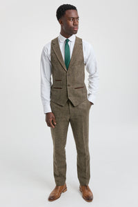 Costum din 3 piese din tweed cu model herringbone maro-stejar
