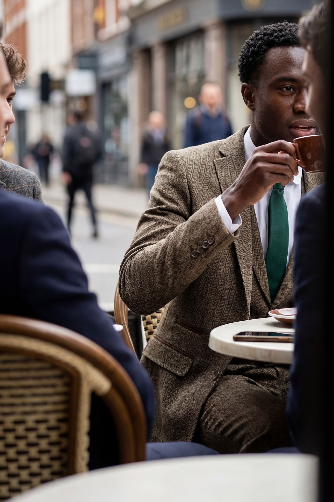 Costum din 3 piese din tweed cu model herringbone maro-stejar