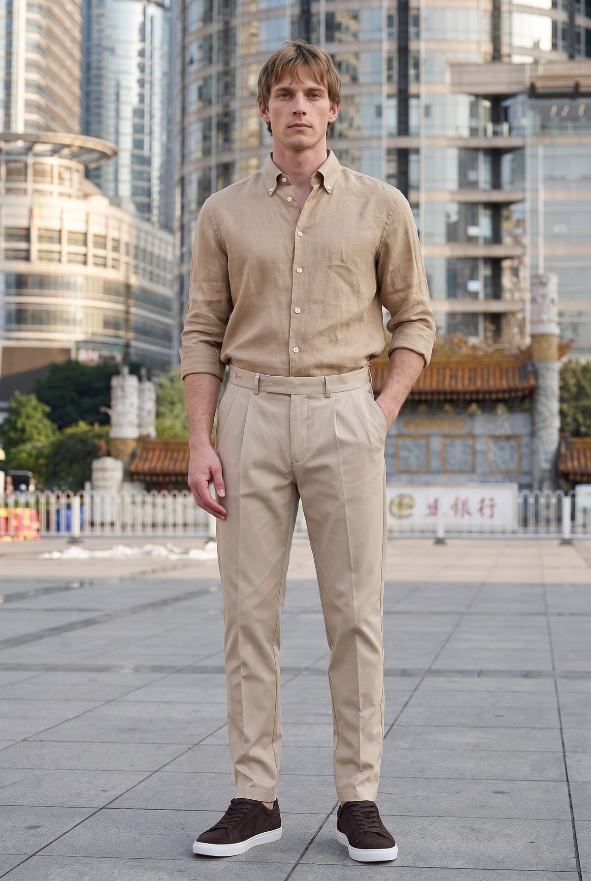 Look #1022 styled with Cămașă bărbătească de vară cu mânecă lungă și nasturi, culoare camel maro, din in pur