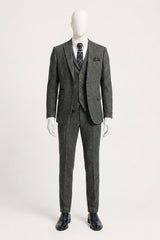 Costum bărbătesc gri cărbune din 3 piese, model herringbone, din tweed - STZ11