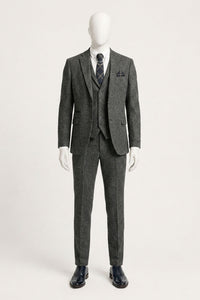 Costum bărbătesc gri cărbune din 3 piese, model herringbone, din tweed - STZ11