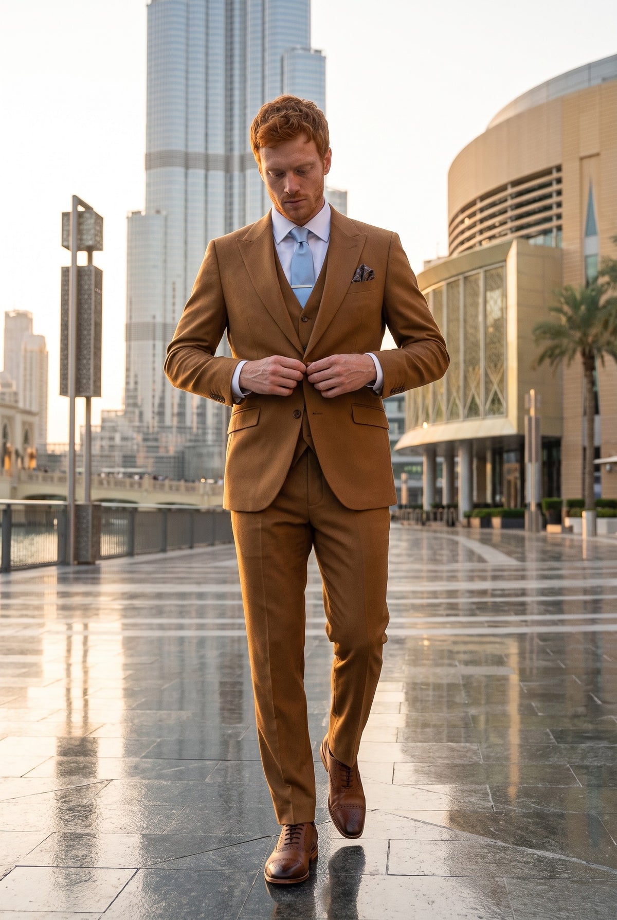 Look #952 styled with James - Costum bărbătesc din 3 piese, croială croită, maro-cămil, din lână