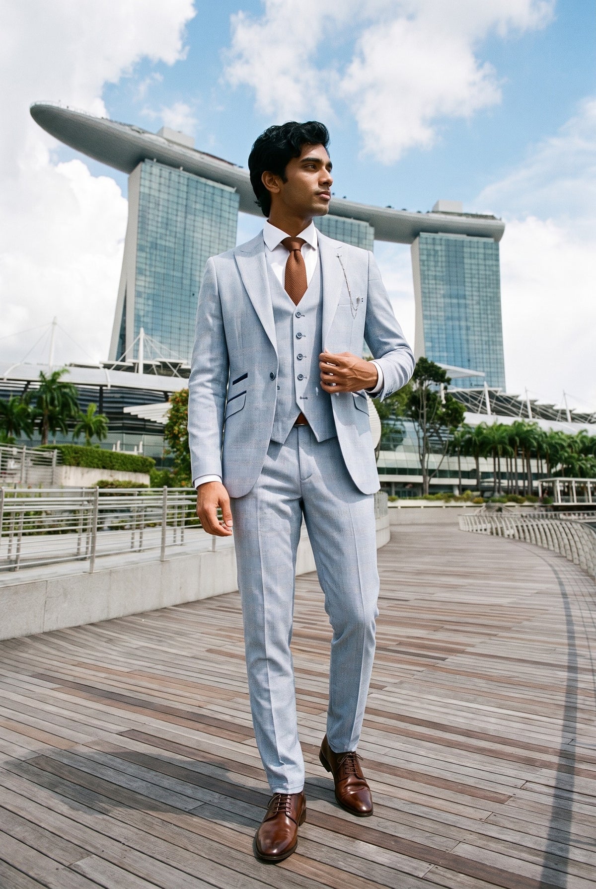 Look #1007 styled with Costum bărbătesc din 3 piese, model tweed, albastru deschis, croială croită, model Peaky Classic