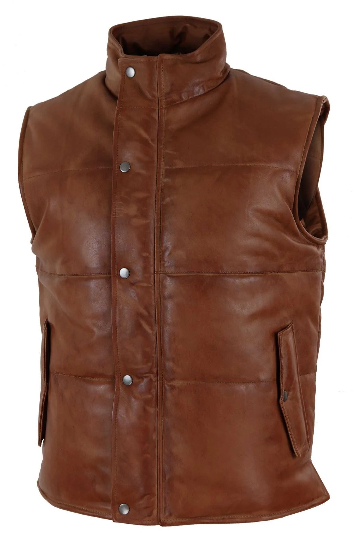 Mens Real Leather Waistcoat Gilet Quilted Puffer Design Warm Zip Casual Tan