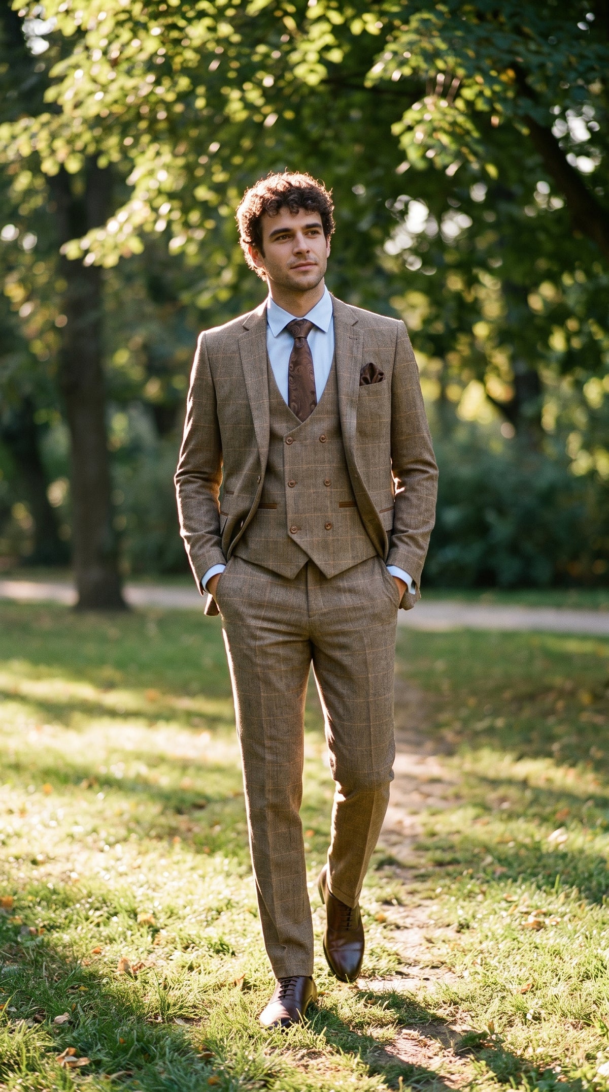 Look #343 styled with Costum bărbătesc din 3 piese, model herringbone, model maro-cenușiu, în carouri, croială dublă clasică