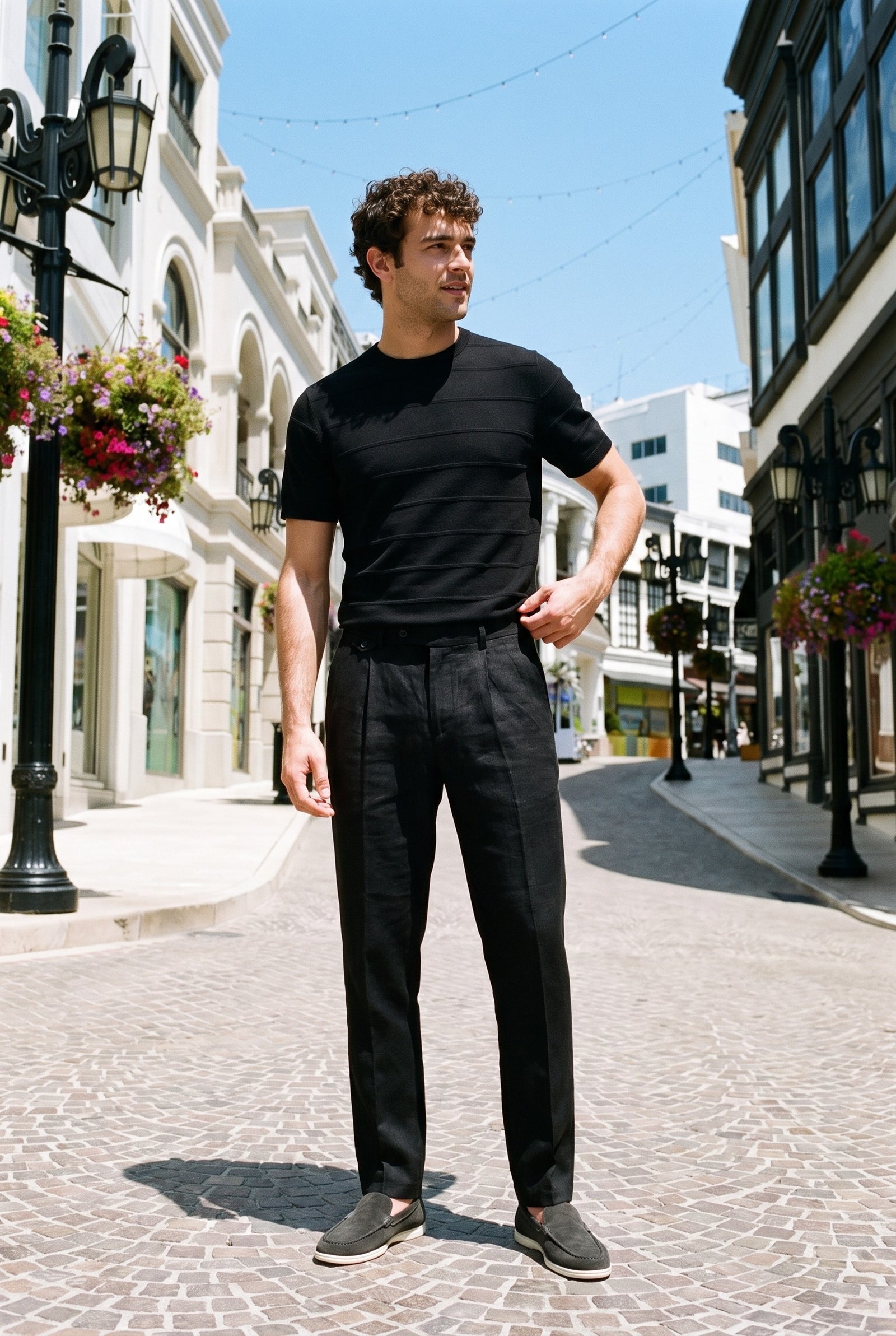 Look #876 styled with Pantaloni bărbătești negri, plisați, cu șnur, croială dreaptă, lejeră, din in 100%