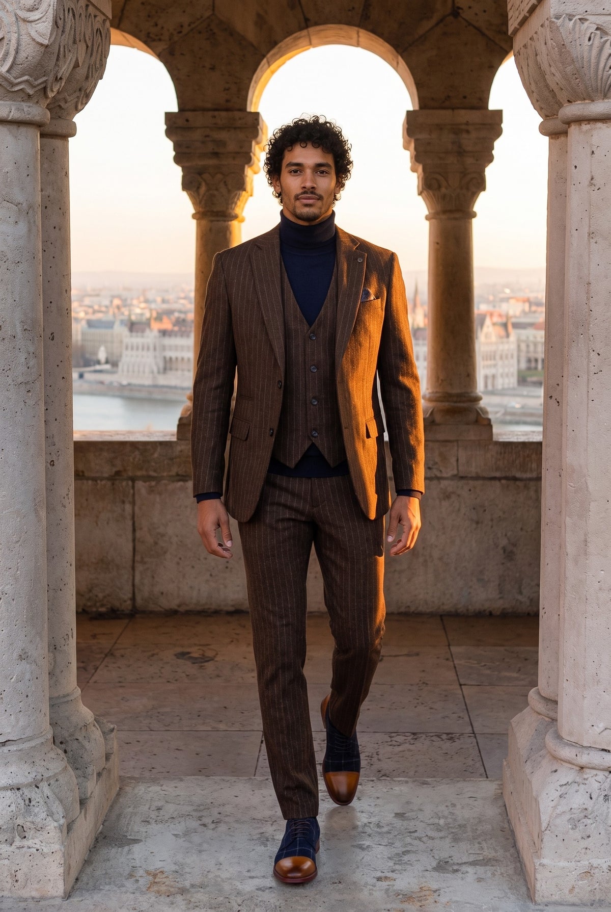 Look #959 styled with Costum bărbătesc din 3 piese, maro, cu dungi subțiri, slim fit