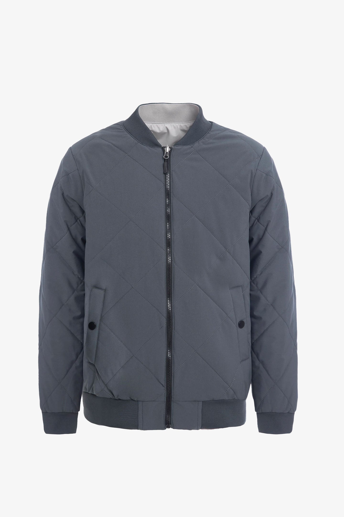 Jachetă bărbătească, gri și bej, reversibilă, tip bomber, ușoară, matlasată, 2 în 1