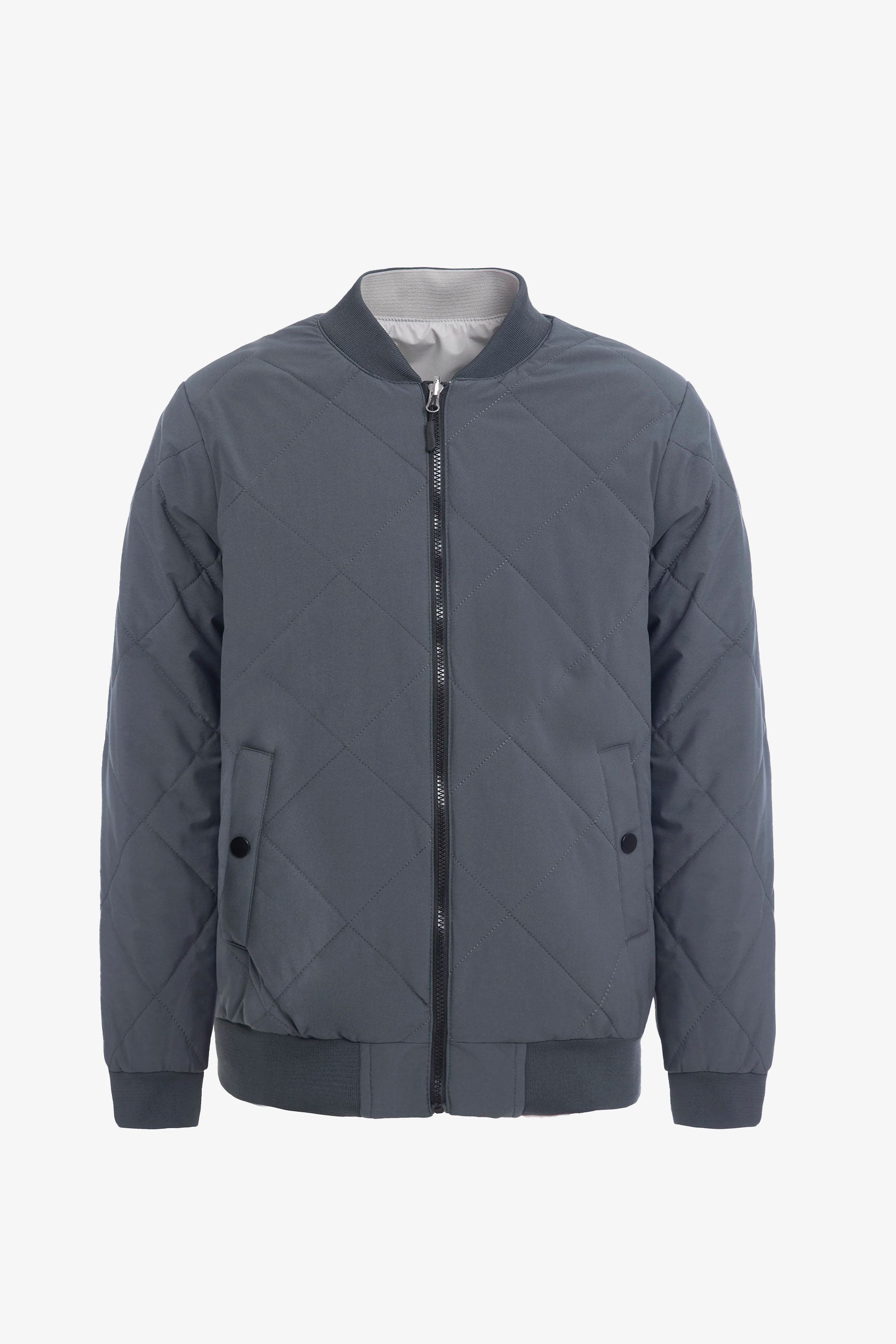 Jachetă bărbătească, gri și bej, reversibilă, tip bomber, ușoară, matlasată, 2 în 1