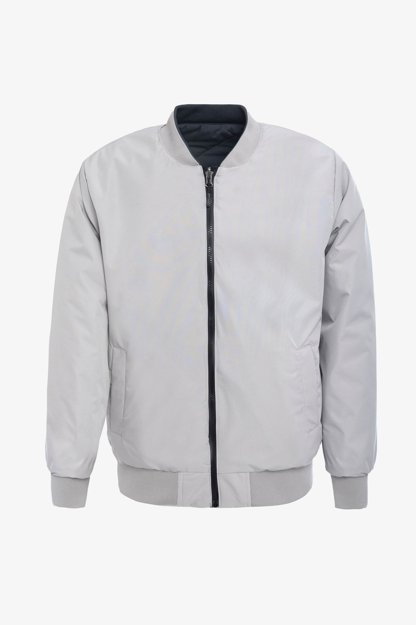 Jachetă bărbătească, gri și bej, reversibilă, tip bomber, ușoară, matlasată, 2 în 1