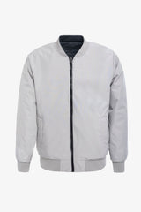 Jachetă bărbătească, gri și bej, reversibilă, tip bomber, ușoară, matlasată, 2 în 1