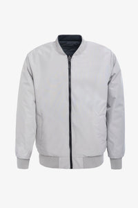Jachetă bărbătească, gri și bej, reversibilă, tip bomber, ușoară, matlasată, 2 în 1
