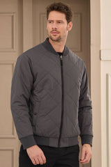 Jachetă bărbătească, gri și bej, reversibilă, tip bomber, ușoară, matlasată, 2 în 1