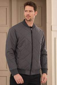 Jachetă bărbătească, gri și bej, reversibilă, tip bomber, ușoară, matlasată, 2 în 1