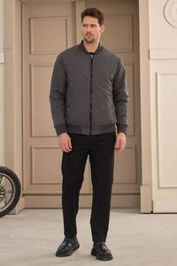 Jachetă bărbătească, gri și bej, reversibilă, tip bomber, ușoară, matlasată, 2 în 1