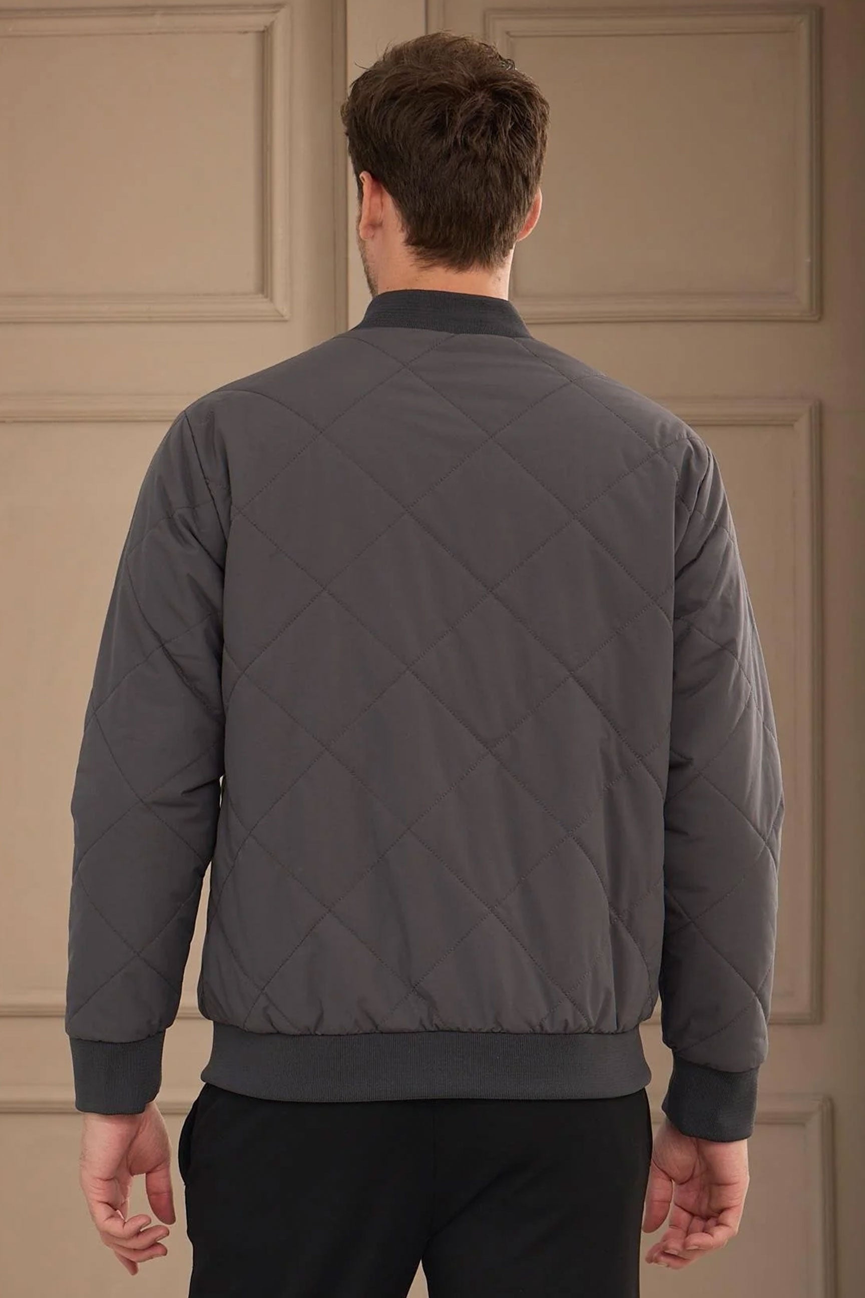 Jachetă bărbătească, gri și bej, reversibilă, tip bomber, ușoară, matlasată, 2 în 1