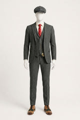 Costum bărbătesc gri cărbune din 3 piese, model herringbone, din tweed - STZ11