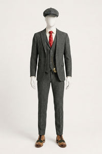 Costum bărbătesc gri cărbune din 3 piese, model herringbone, din tweed - STZ11