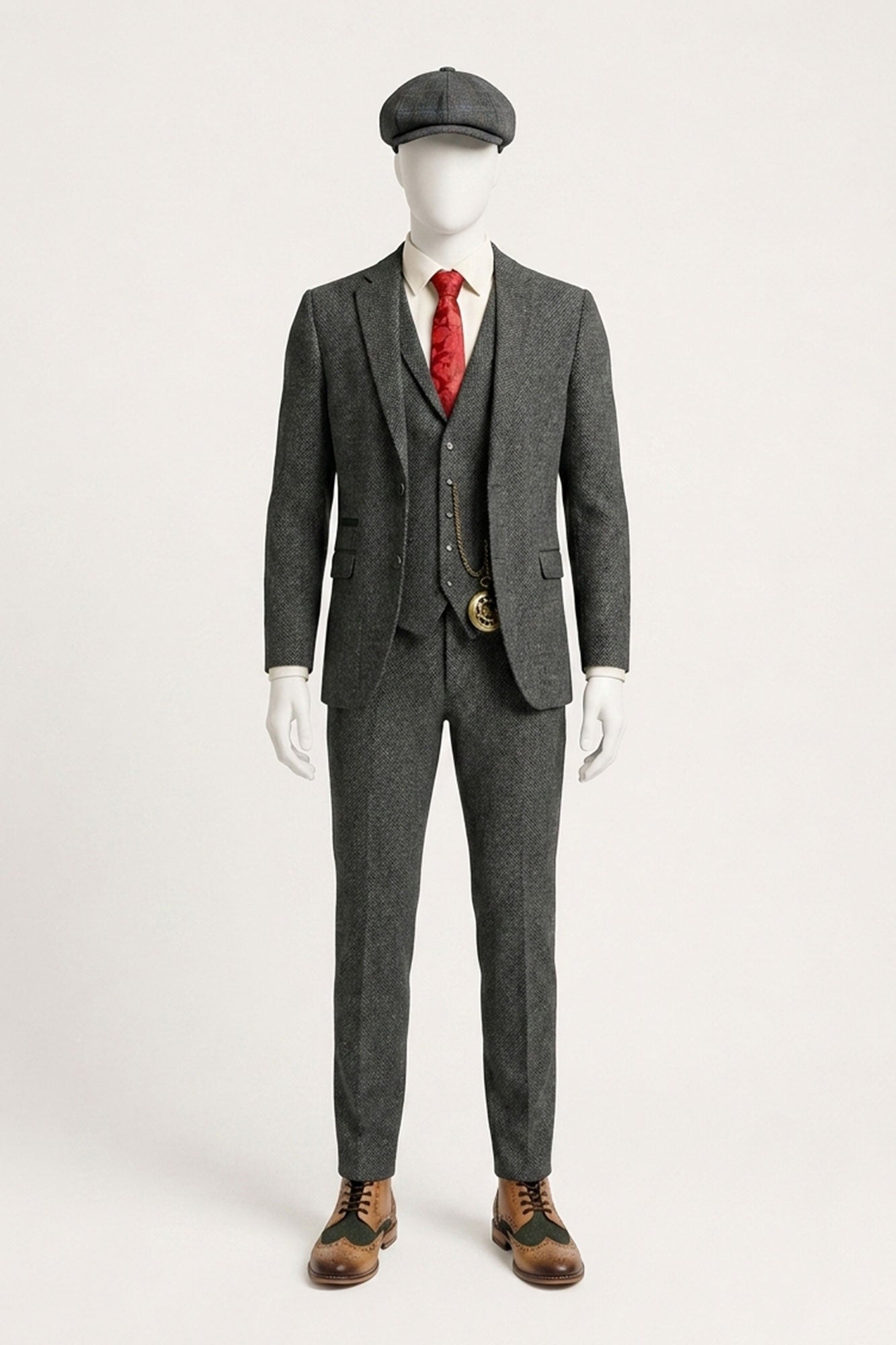 Costum bărbătesc gri cărbune din 3 piese, model herringbone, din tweed - STZ11