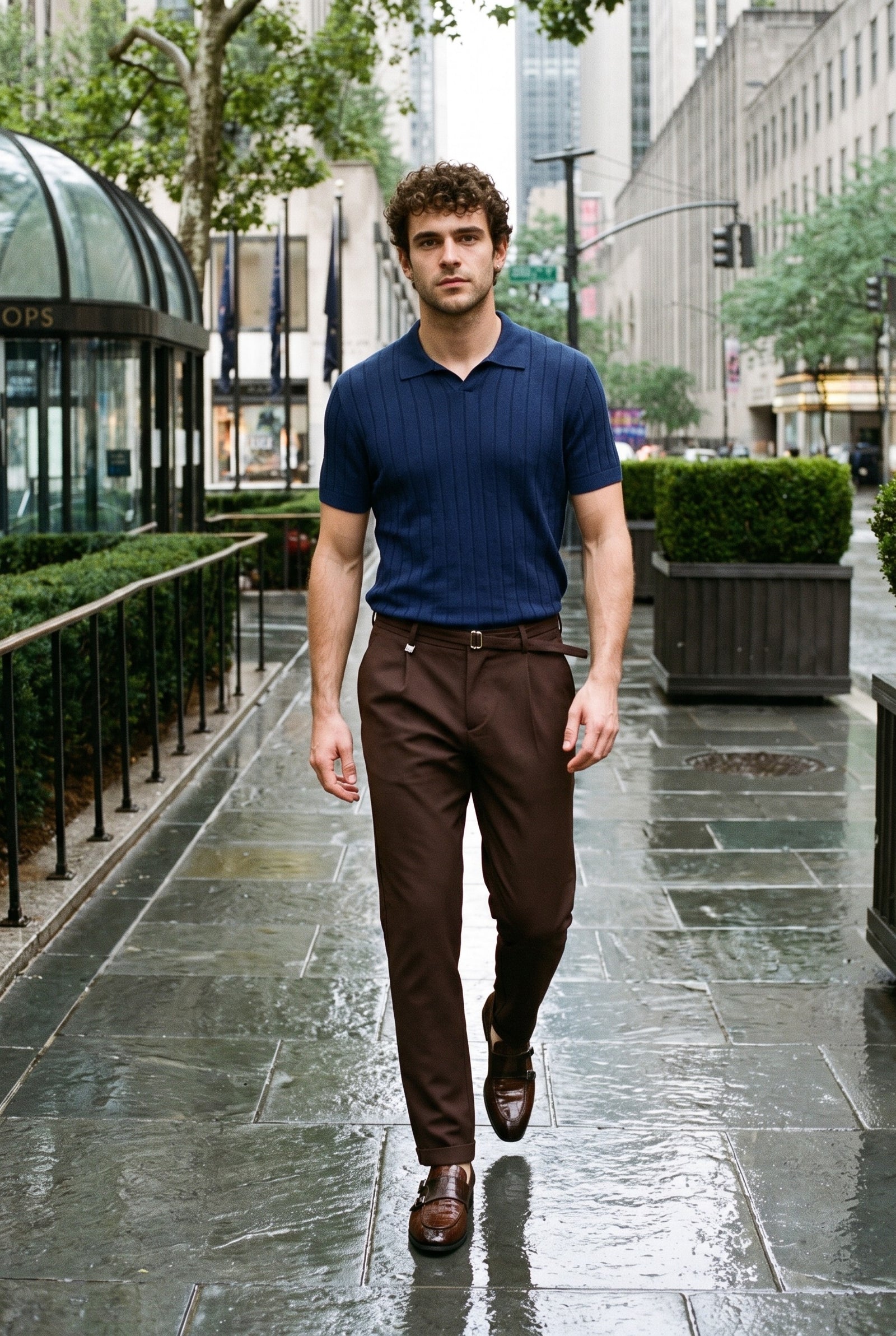 Look #907 styled with Pantaloni Gurkha plisați maro pentru bărbați, talie reglabilă, croială conică