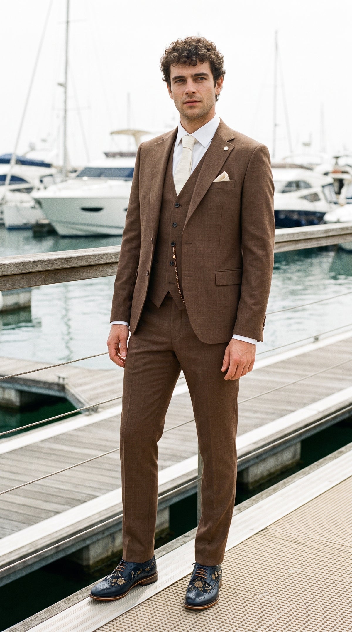 Look #307 styled with Costum bărbătesc James, format din 3 piese, simplu, maro, cu croială clasică