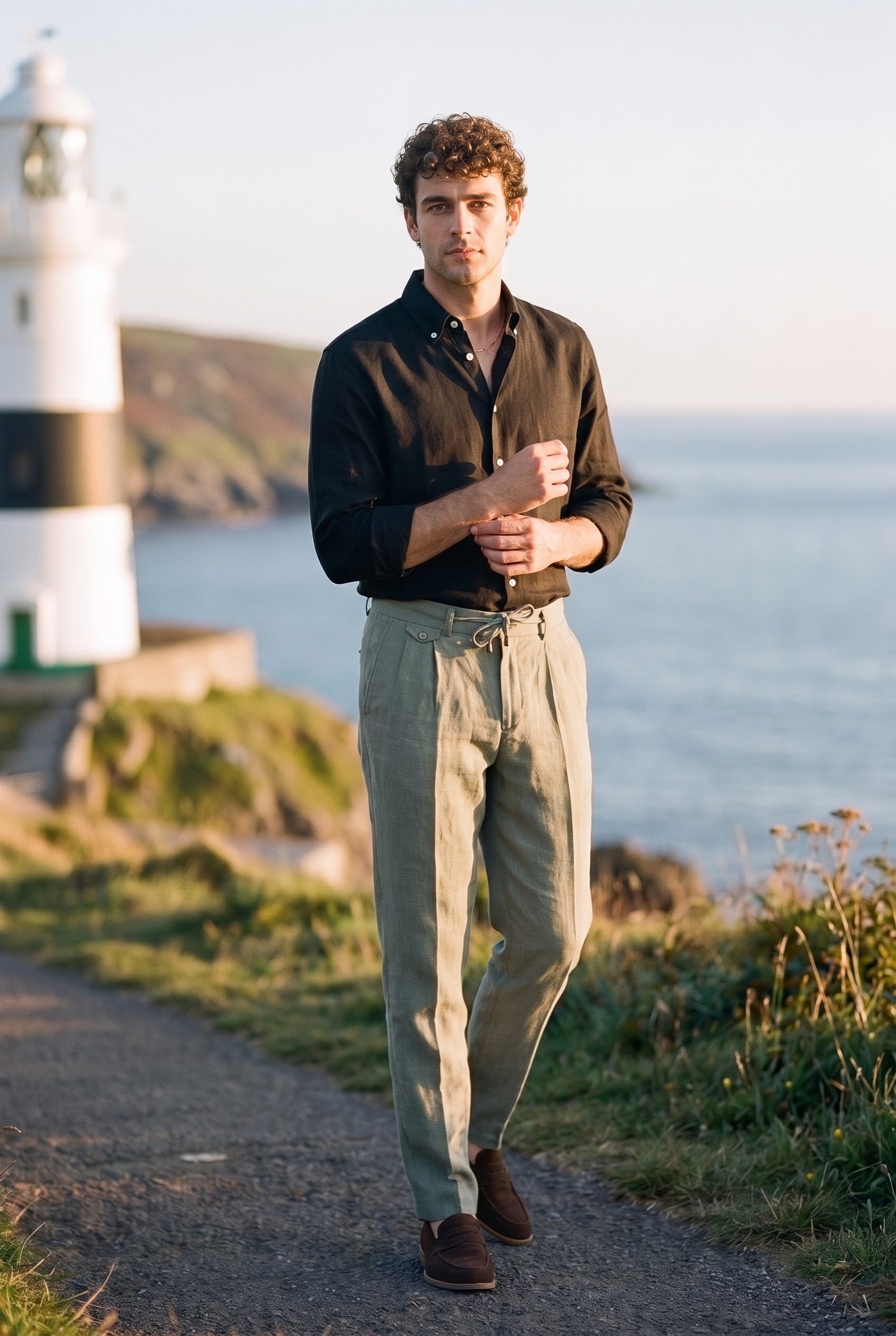 Look #869 styled with Pantaloni bărbătești, verde salvie, 100% in, plisați, cu șnur, croială dreaptă, relaxați