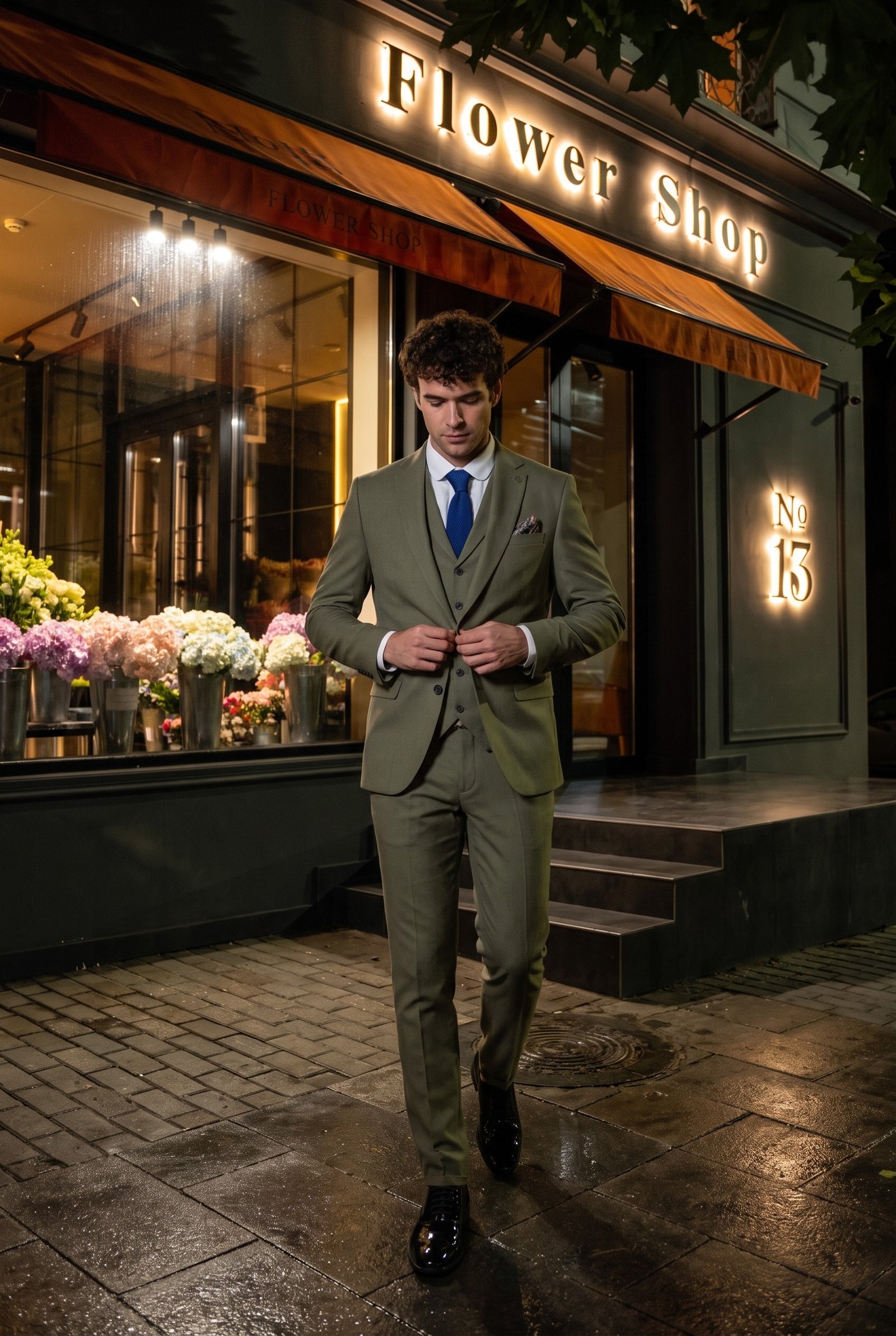 Look #158 styled with Costum de mireasă de vară pentru bărbați, TP-22, din in, culoare salvie, format din 3 piese