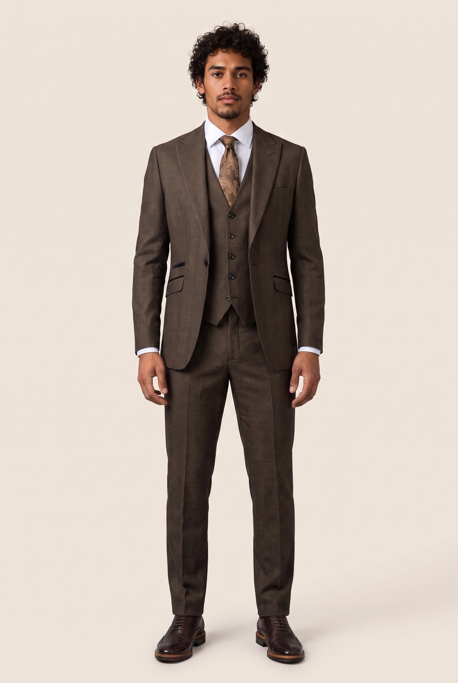 Look #1004 styled with Costum bărbătesc din 3 piese, model tweed, negru, maro, croială croită, model Peaky Classic
